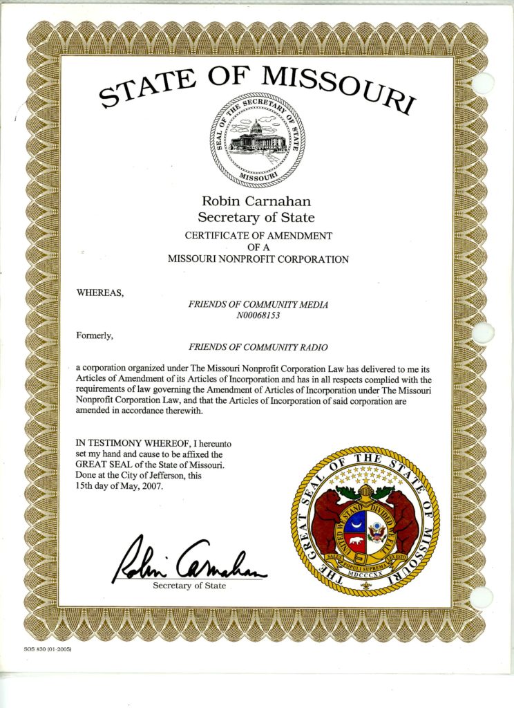 Certificates of Incorporation Friends of Community Media