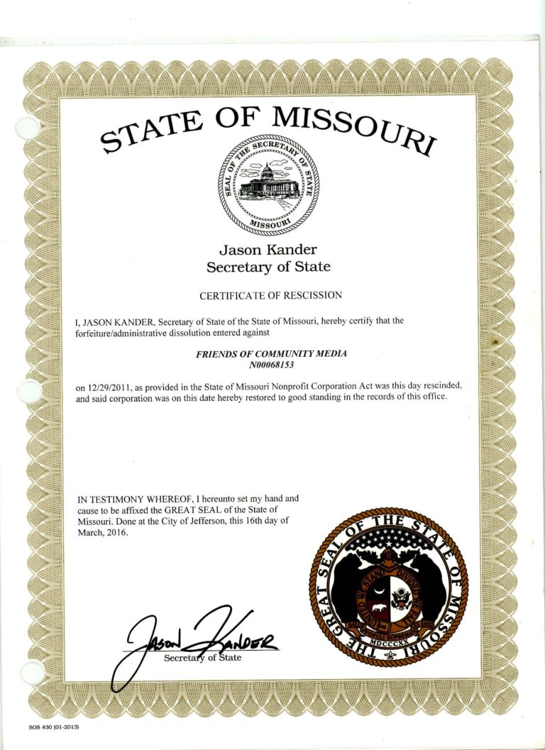 Certificates of Incorporation – Friends of Community Media